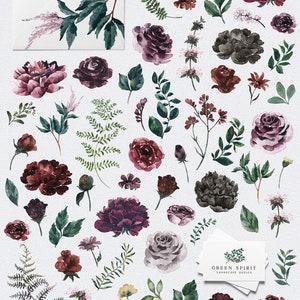 Into the Wild Floral Elements-Watercolor Graphic-Burgundy Flowers-Red Flowers-Black Flowers-Floral Elements-Wedding Clipart image 2