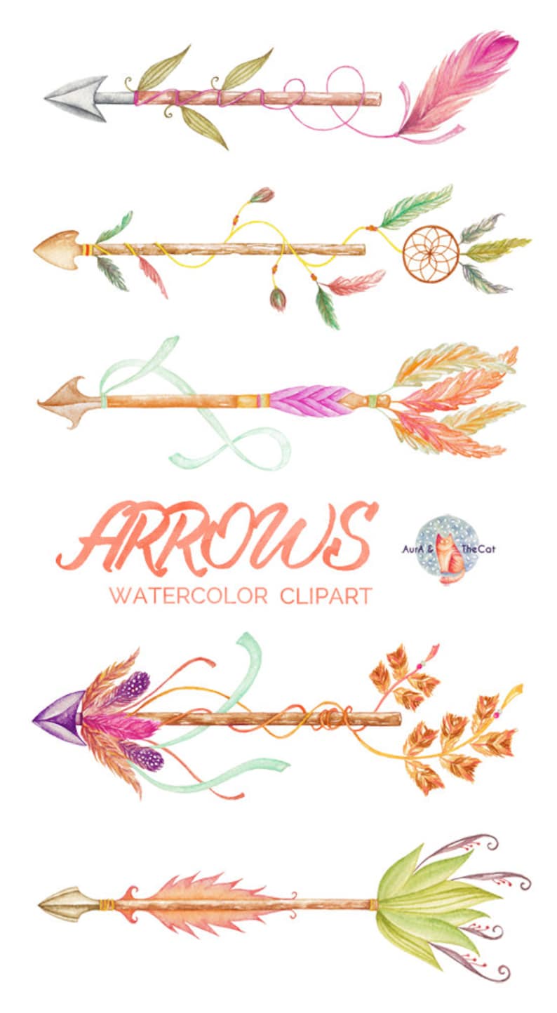 Arrows Watercolor Clipart Hand Painted Elements Feather | Etsy