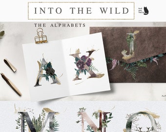 Into the Wild - The Alphabets-Gold Dust-Watercolor Graphic-Watercolor Alphabets-Animals-Forest-Pine tree-Deer-Fox-Bear-Wolf-Wedding Clipart