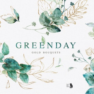 Green Day - Gouden Boeketten - Aquarel Clipart - Foliate - Bladeren Clipart - Botanisch - Groen - Bloemen - Bruiloft Uitnodiging - Kaart - PNG
