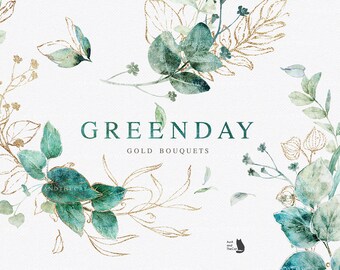 Green Day - Gold Bouquets  - Watercolor Clipart - Foliate - Leaves Clipart - Botanical - Green - Floral - Wedding Invitation - Card - PNG