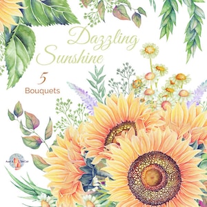 Watercolor Dazzling Sunshine Bouquet Flowers Hand Painted, Floral, Peonies, Rose, Wedding Invitation, Greeting Card, DIY Clip Art