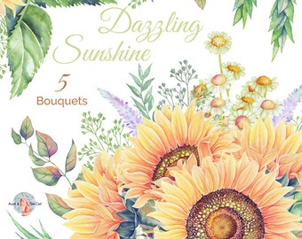 Watercolor Dazzling Sunshine Bouquet Flowers Hand Painted, Floral, Peonies, Rose, Wedding Invitation, Greeting Card, DIY Clip Art