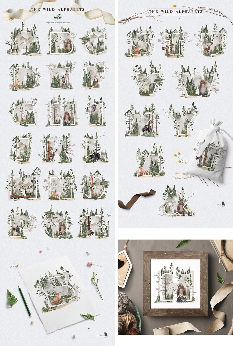 Into the Wild-Watercolor Graphic Collection-Animals, Trees & Mountain-Alphabets-Nature scene-Burgundy Bouquet-Geometric Frame image 2