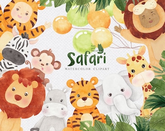 Safari watercolor clipart, Jungle Watercolor Clip Art, Safari Baby Shower, Nursery clipart