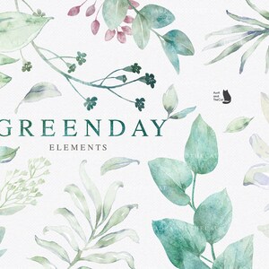 May include: Watercolor illustrations of various green leaves and branches. The text "Greenday Elements" is in the center of the image.