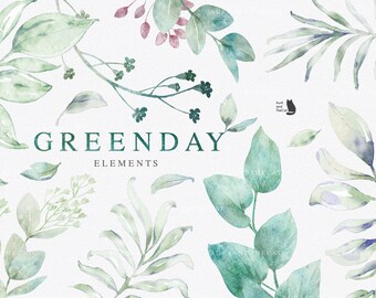 Green Day - Elements - Watercolor Clipart - Foliate - Leaves Clipart - Botanical - Green - Floral - Wedding Invitation - Greeting Card - PNG