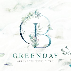 Green Day - Alfabeto con glifo - Clipart de acuarela - Foliar - Clipart de hojas - Botánico - Verde - Floral - Invitación de boda - PNG