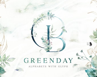 Green Day - Alphabet With Glyph - Watercolor Clipart - Foliate - Leaves Clipart - Botanical - Green - Floral - Wedding Invitation - PNG