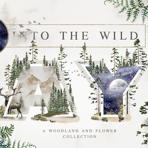 Into the Wild-Watercolor Graphic Collection-Animals, Trees & Mountain-Alphabets-Nature scene-Burgundy Bouquet-Geometric Frame image 1
