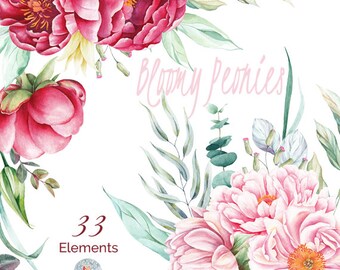 Watercolor Bloomy Peonies Elements Flowers Hand Painted, Floral, Peonies, Wedding Invitation, Greeting Card, DIY Clip Art