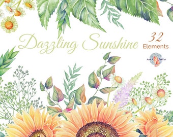 Watercolor Dazzling Sunshine Elements Flowers Hand Painted, Floral, Peonies, Rose, Wedding Invitation, Greeting Card, DIY Clip Art