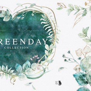 Green Day - Aquarel Grafische Collectie - Foliate - Bladeren Clipart - Botanisch - Groen - Goud - Bruiloft Uitnodiging - Wenskaart - PNG