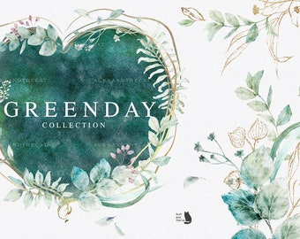 Green Day - Watercolor Graphic Collection  - Foliate - Leaves Clipart - Botanical - Green - Gold - Wedding Invitation - Greeting Card - PNG