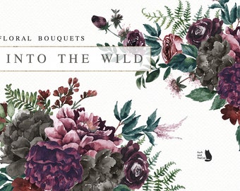 Into the Wild - Floral Bouquets-Watercolor Graphic-Burgundy Bouquets-Red Flowers-Peonies-Rose-Floral Bouquets-Wedding Clipart