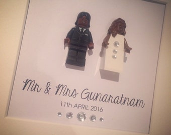 Lego Bride and Groom personalised wedding gift frame african wedding , jamaican wedding or special uniform requirements police, fire service