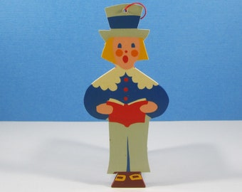 Victorian Boy Caroler Painted Wood Ornament Heller Made in West Germany