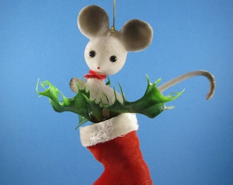 Vintage Flocked Mouse in Santa Boot with Faux Holly Christmas Ornament