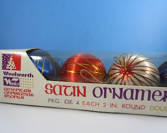 Vintage Satin Ball Ornaments with Metallic Trim in Original Woolworth's Box Made in Taiwan