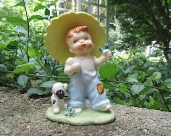 Vintage Country Boy Figurine with Dog "Damaged" Norcrest Made in Japan