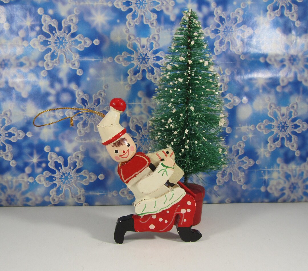 Vintage Clown & Stick Horse Wood Ornament Whimsical Christmas
