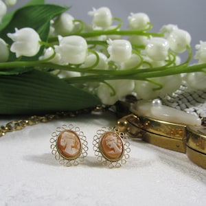 Vintage Cameo Earrings Filigree Gold Tone Krementz Jewelry