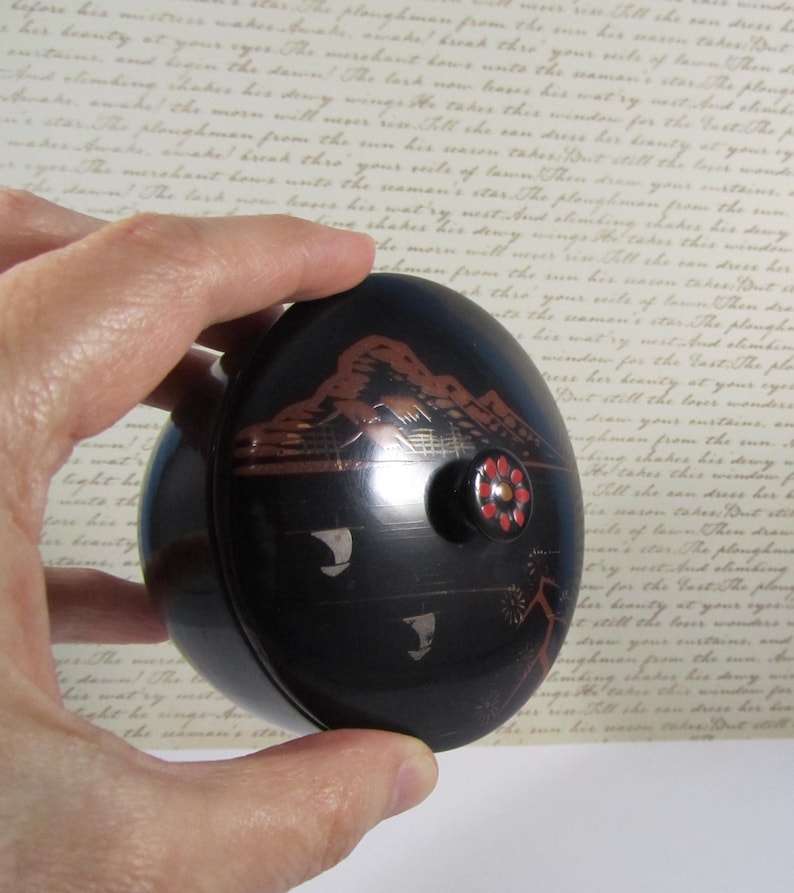 May include: A black, oval container with a decorative lid. The lid features a mountain scene in shades of brown and red, with a small, round knob adorned with a floral design. The container is held in a hand.