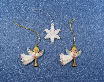 Miniature Angels & Snowflake Ornaments Glittery Plastic Christmas Decorations