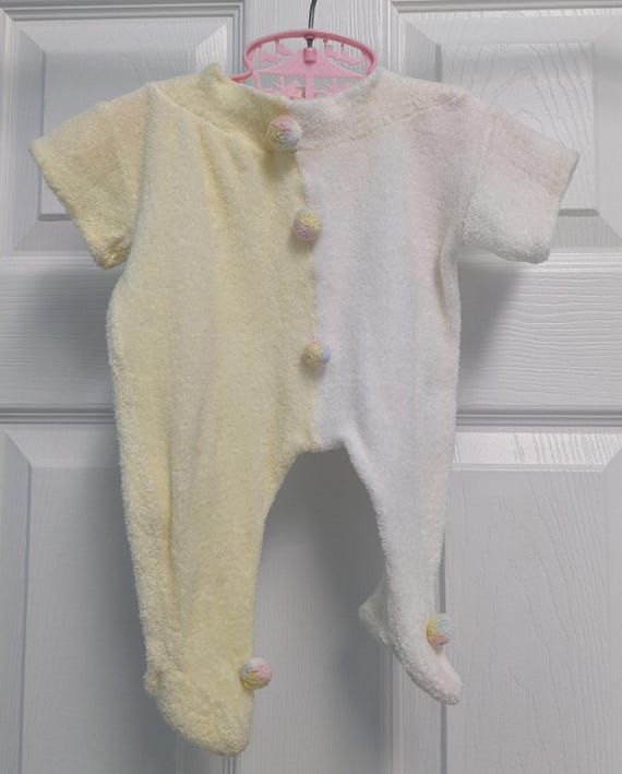 Vintage Terry Cloth Footed Romper with Pastel Pom Poms