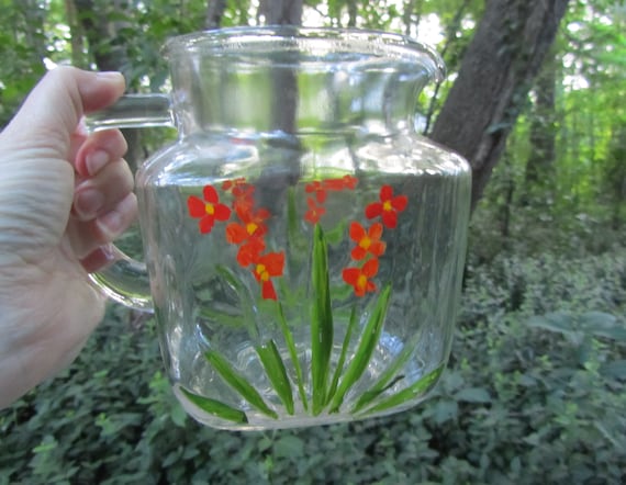 Vintage Handblown Glass Water Pitcher with White Flowers circa