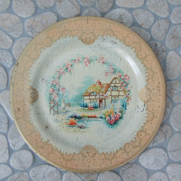 Tin Litho Cottage Garden Plate Significantly Distressed Metal Tray Thatched Tudor House Baret Ware England