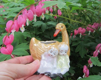 Vintage Swan Planter & Sleeping Children Small Figurine Vase Lusterware Japan