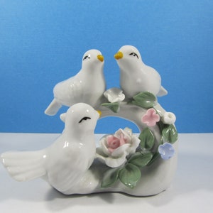 Birds on a Branch Three White Doves with Pastel Porcelain Flowers Figurine