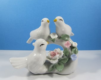 Birds on a Branch Three White Doves with Pastel Porcelain Flowers Figurine