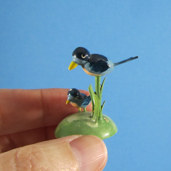 Miniature Wood Blue Bird Figurine "Birds on a Twig" Vintage Spring Decoration by Wendt & Kühn Made in Germany