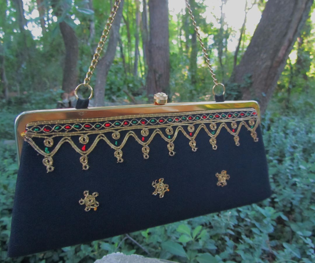 Vintage Black Clutch Evening Bag Red Green Details and Gold Etsy.de