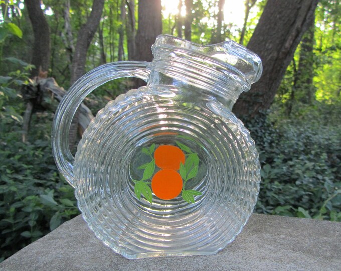 Vintage Glass Pitcher Orange Juice Jug Tilted Disc Clear Ribbed