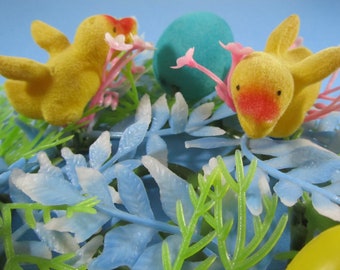 Vintage Easter Decoration Flocked Ducks & Eggs with Plastic Flowers Candle Ring Made in Hong Kong