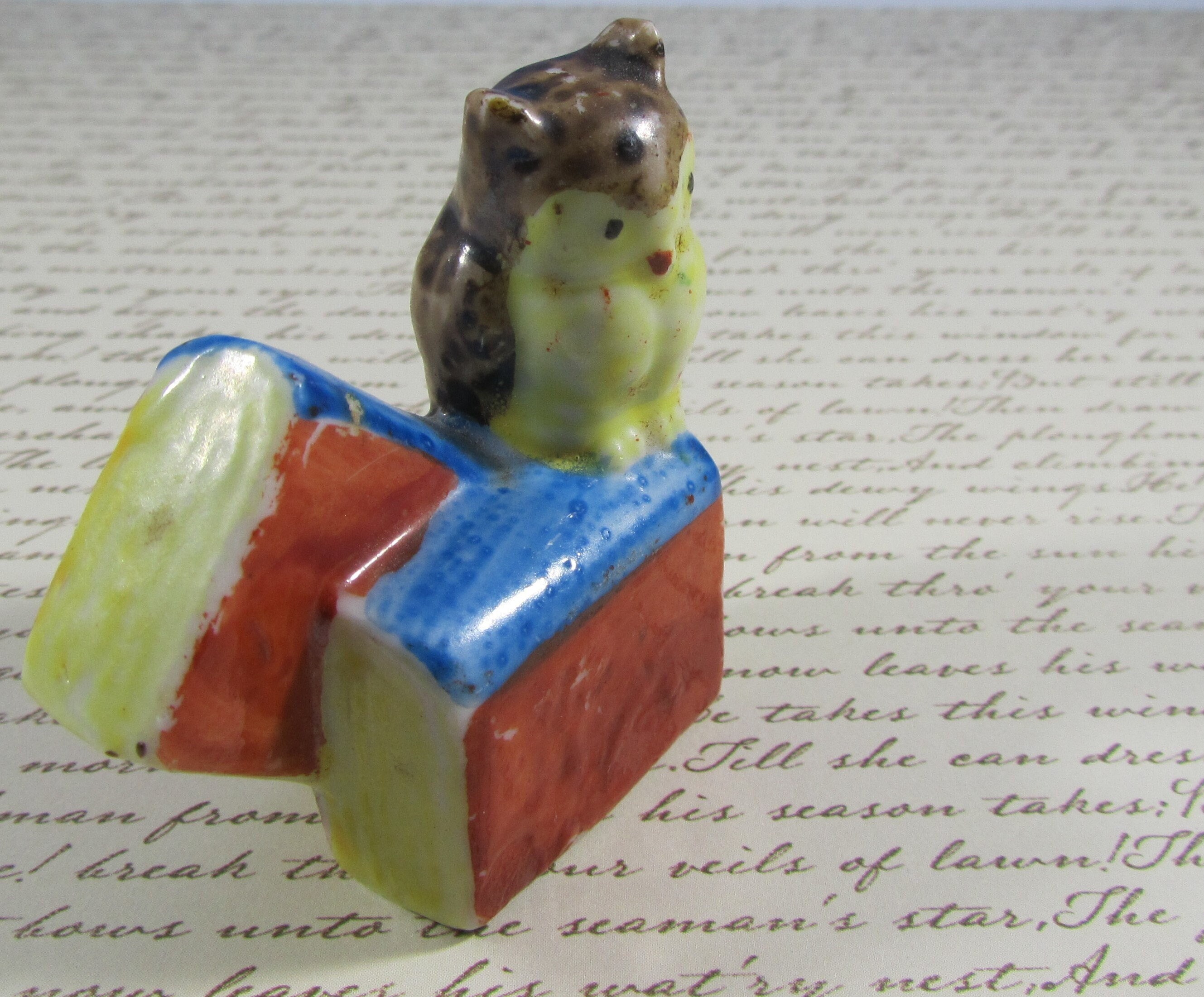 Miniature Owl with Books Ceramic Figurine Made in Japan