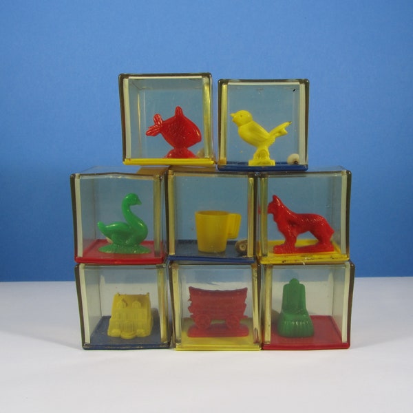 Vintage Block Rattle Toys "Pick 1" Clear Lucite Colorful Peek a Boo Animal Cubes