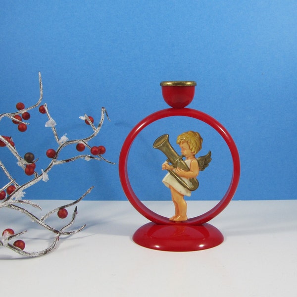 Vintage Celluloid Angel with Horn Red Plastic Ring Candleholder Christmas Decoration Made in Germany