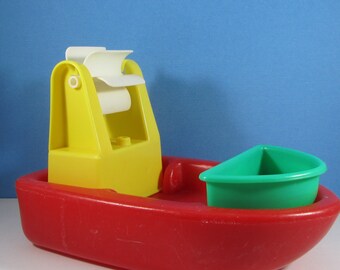 Red Boat Bath Tub Toy "The First Years" 80s Plastic 3 Piece Water or Sand Activity Toys