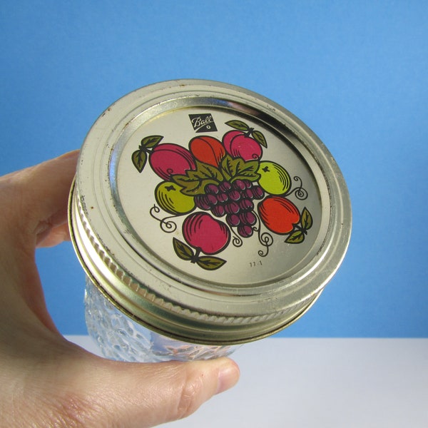 Vintage Glass Jam Jar Fruit Pattern Lid "Quilted Crystal" by Ball