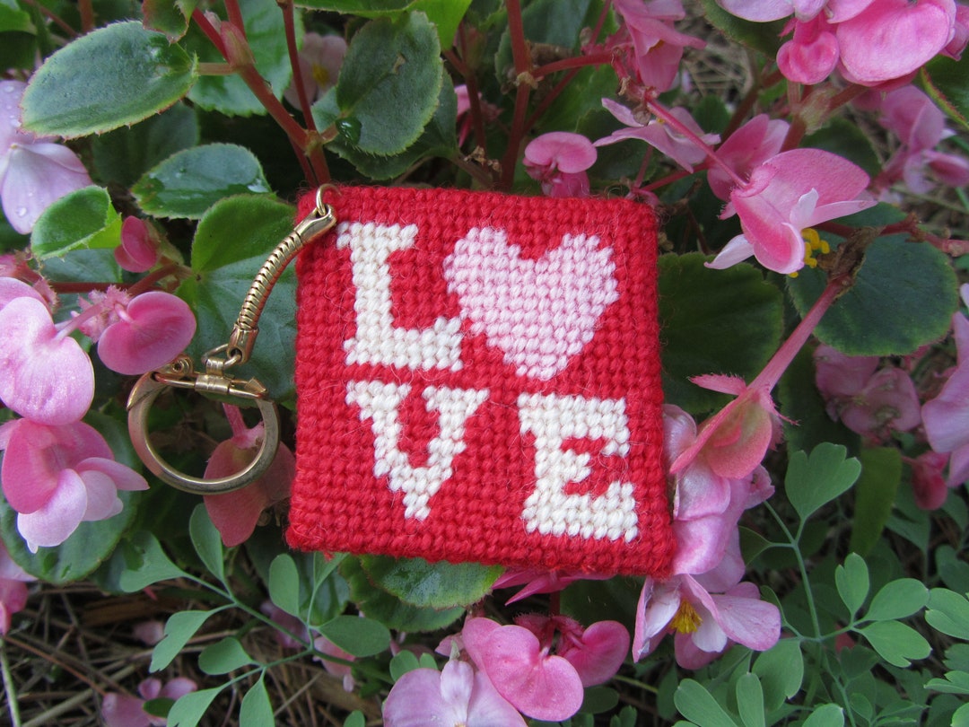 Love Heart Needlepoint Keychain Vintage Craft Valentine's Day Gift Idea