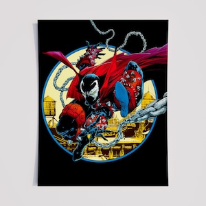 Puede incluir: Impresión artística de cómic con el personaje Spawn en una pose dinámica. La obra de arte muestra a Spawn con una máscara en blanco y negro, capa roja y guanteletes con púas, ambientado en un paisaje urbano dentro de un círculo amarillo, todo sobre un fondo negro.