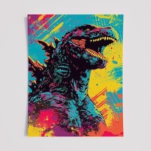 Godzilla Wall Art Print – Neon Pop Art Poster – Vibrant Kaiju Monster Decor – Colorful Urban Style Godzilla Artwork