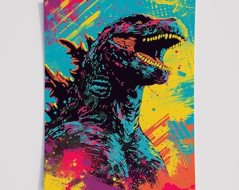 Godzilla Neon Pop Art Print: Vibrant Kaiju Monster Wall Decor