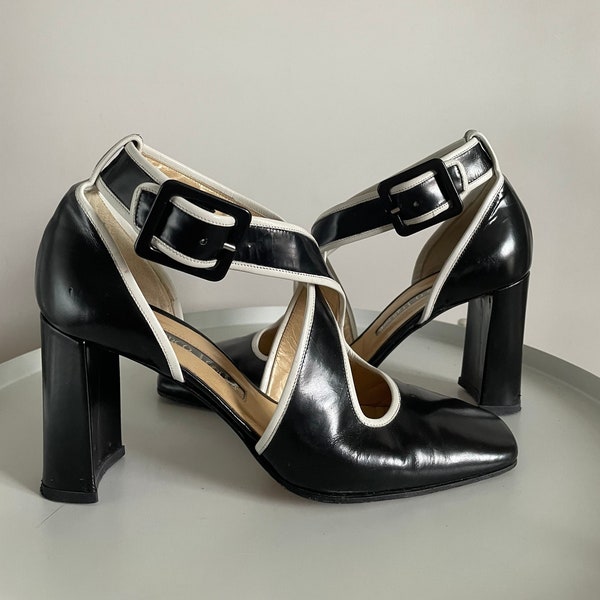 GIANMARCO LORENZI vintage designer high heel GML Black & White Square Toe  Heels EUR37.5/38 US6.5/7 UK4.5/5