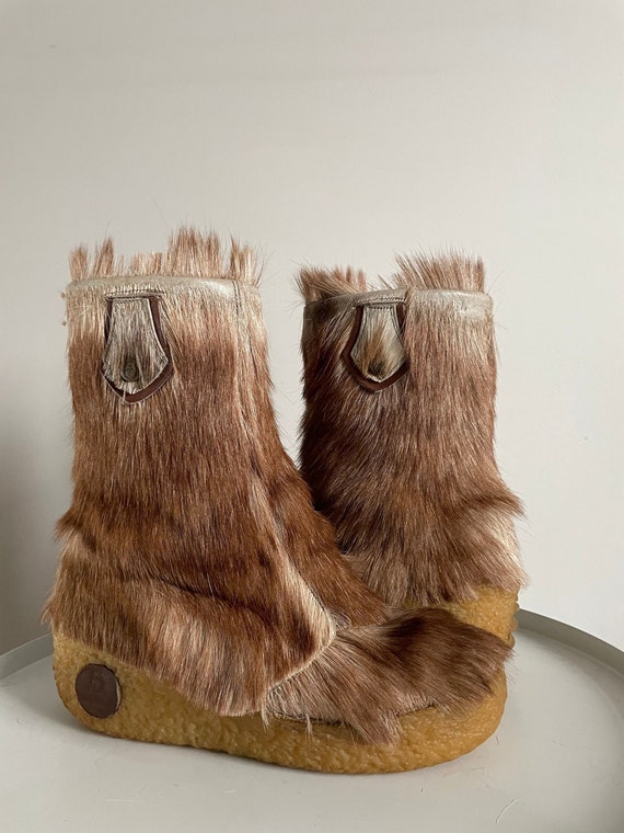 80s Mukluks Genuine Fur High Boots Eskimo Yeti Boots Brown/Gray Color Goat Fur Boots Winter Boots for Women EU37 UK4 US 6.5