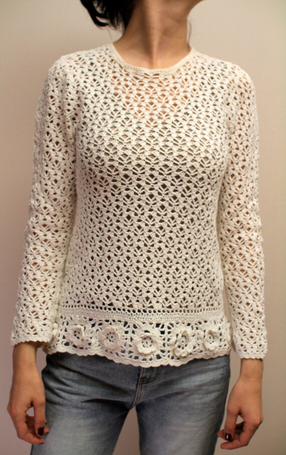 Vintage Beige Crochet Sweater Hand Made Crochet Fl